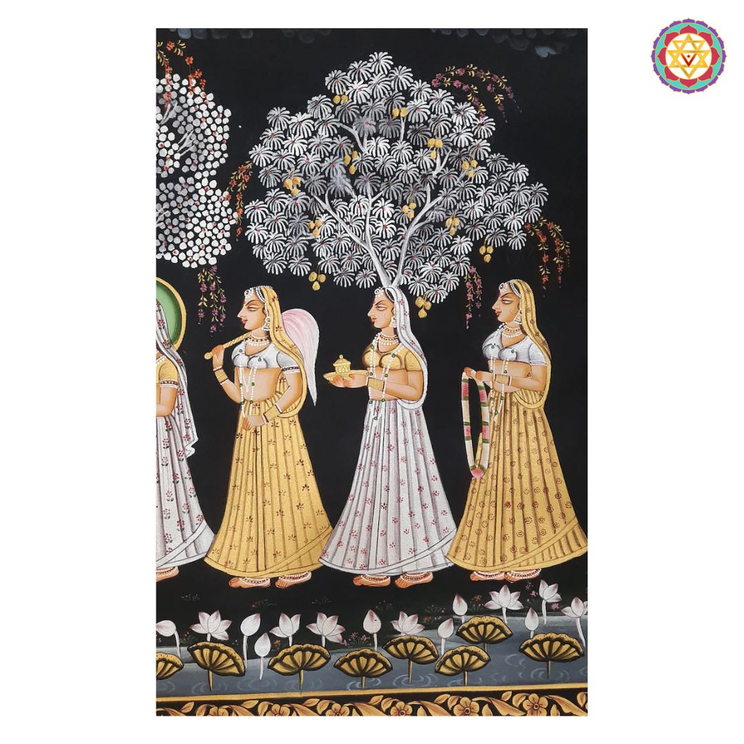 Horizontal Handpainted Pichwai – Radha Krishna with Gopikas Under Moonlight
