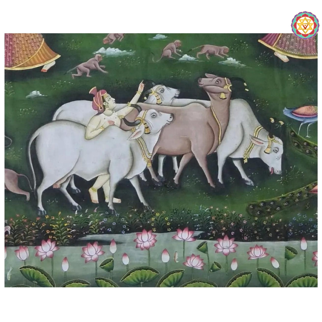 Cluster of sacred cows with floral ground in Pichwai cow theme, part of Daan Leela wall art.