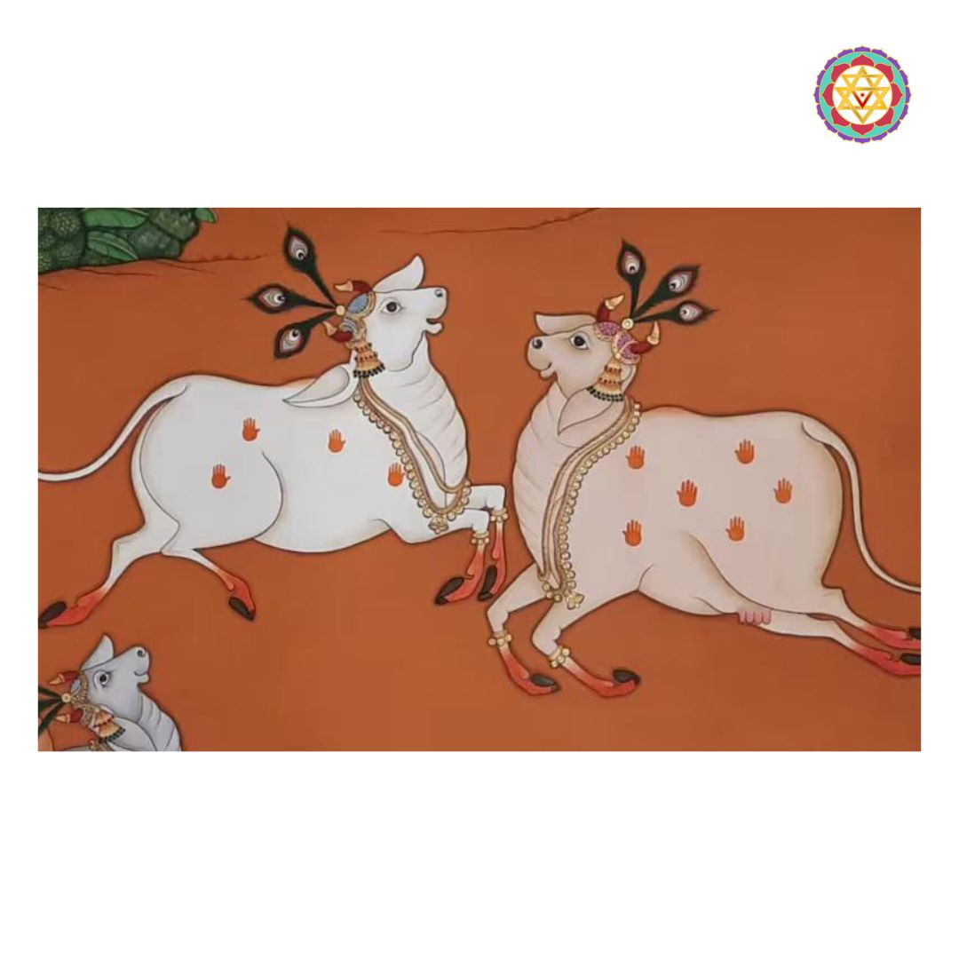 Cows in soulful hand-painted pichwai, rustic background.