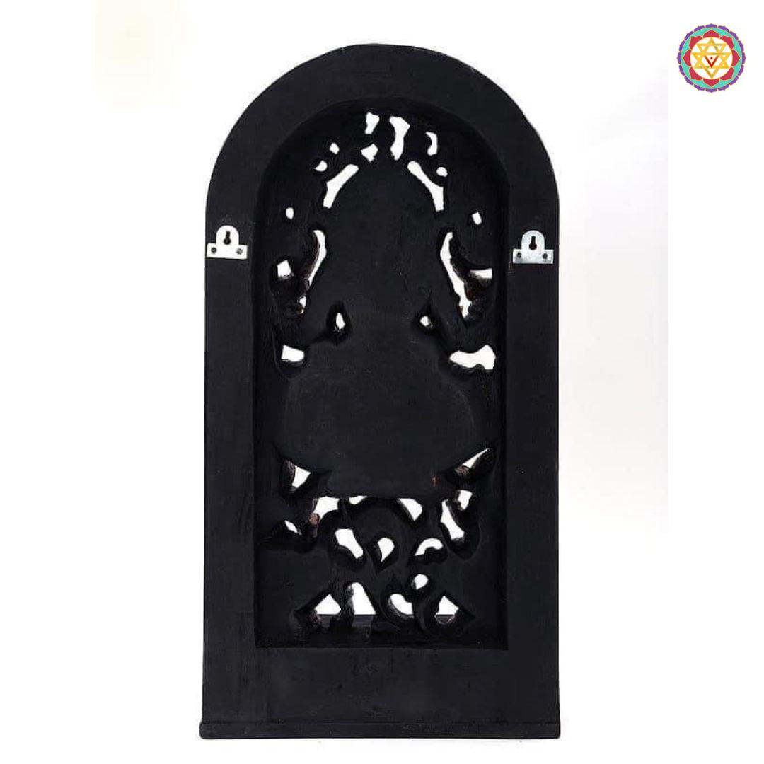 Angled view of Ganesha with Laxmi and Saraswati sculpture — handcrafted Indian religious art, antique brown finish