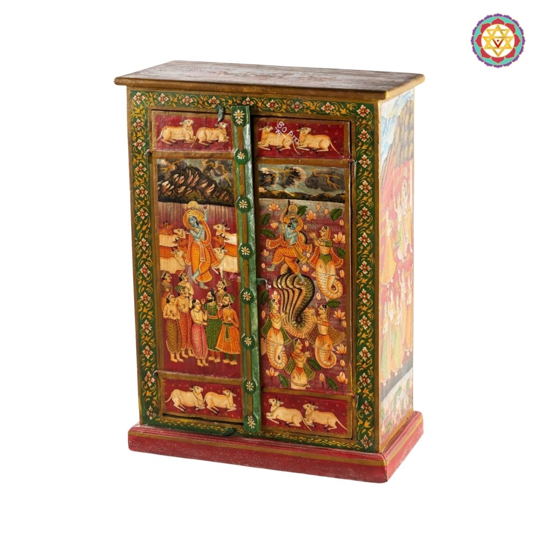 Front detail of Krishna and gopikas painted on wooden storage cabinet