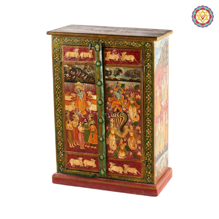 Pichwai-Inspired Krishna and Gopikas Wooden Storage Cabinet