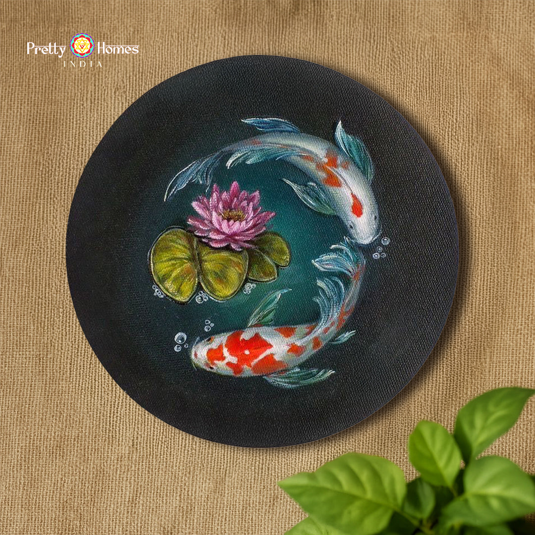 hand painted wall plate prosperity koi fishes near lotus koi fish and lotus pond art piece