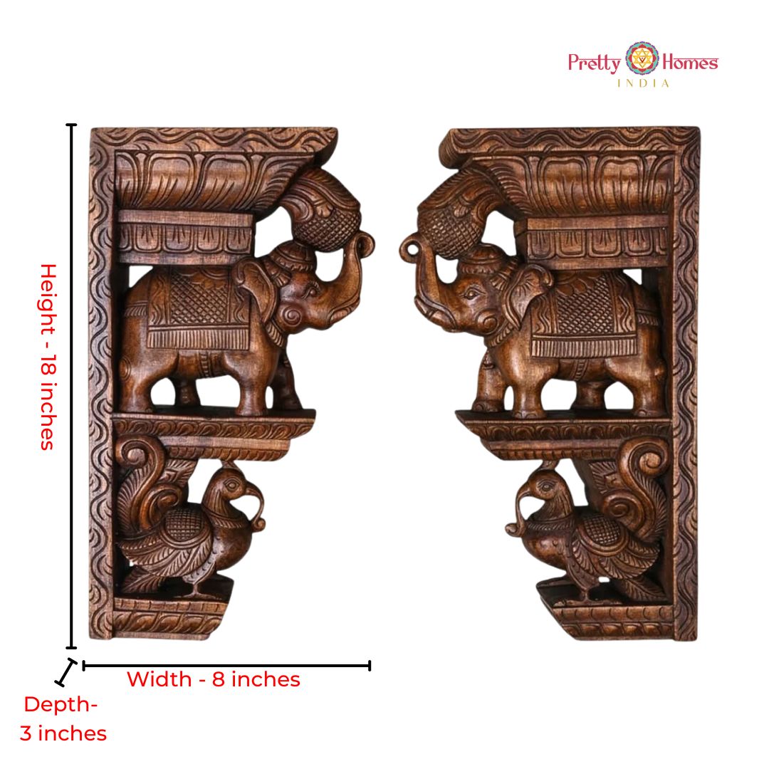 Handcarved Trunk-Up Elephant Bracket with Peacocks (Single)