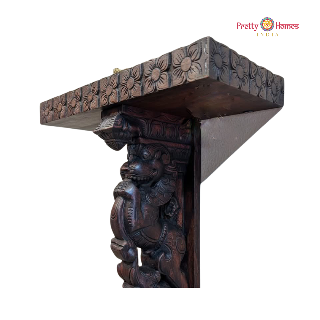 Woodcarved Yali & Elephant Wall Shelf