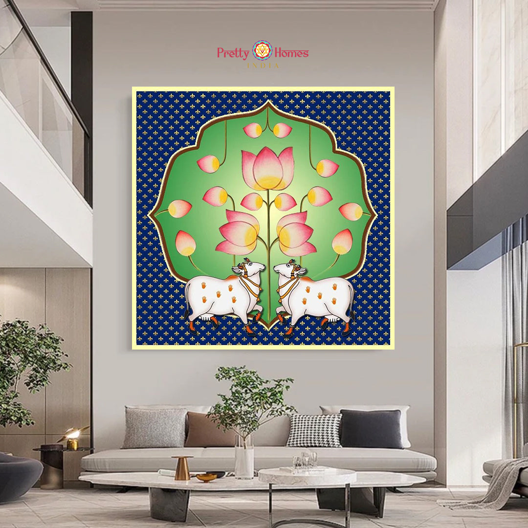 Elegant Pichwai wall hanging depicting the divine play of Krishna near the sacred Yamuna river