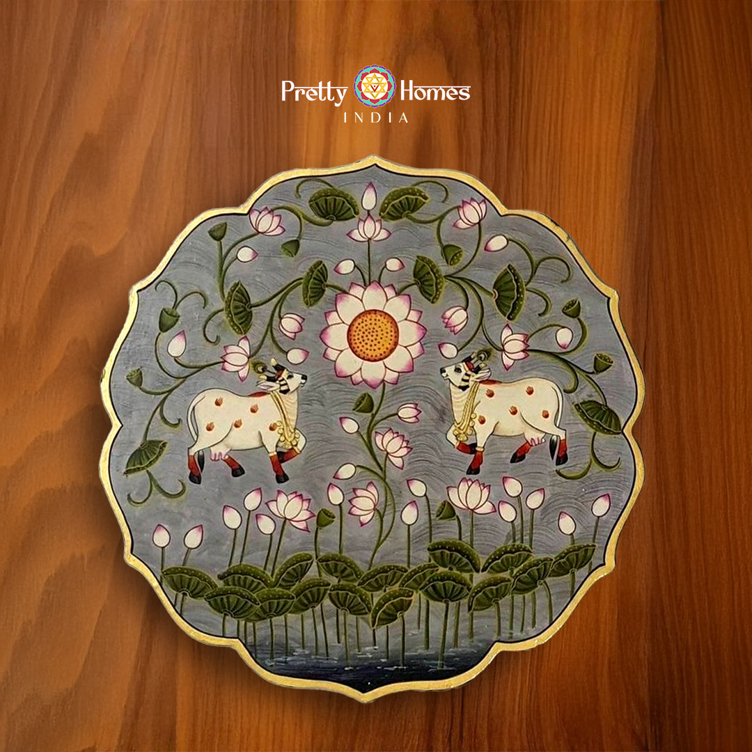 Hand painted petal shaped -handpainted pichwai cows with lotuses plate., pichwai painting in bold palette, hand-painted for gallery wall décor