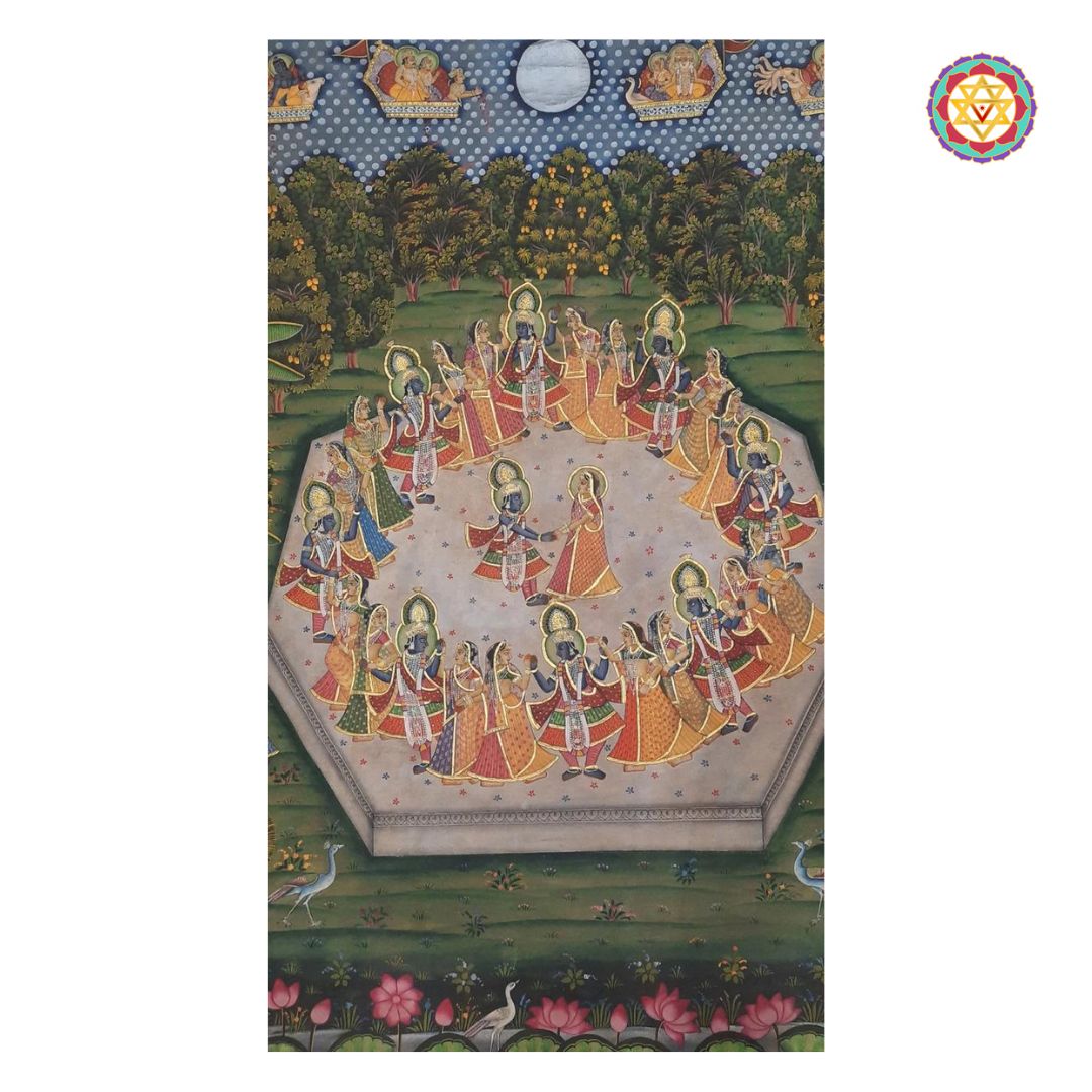 sectional detail of raas leela pichwai capturing krishna and gopis in rhythmic movement