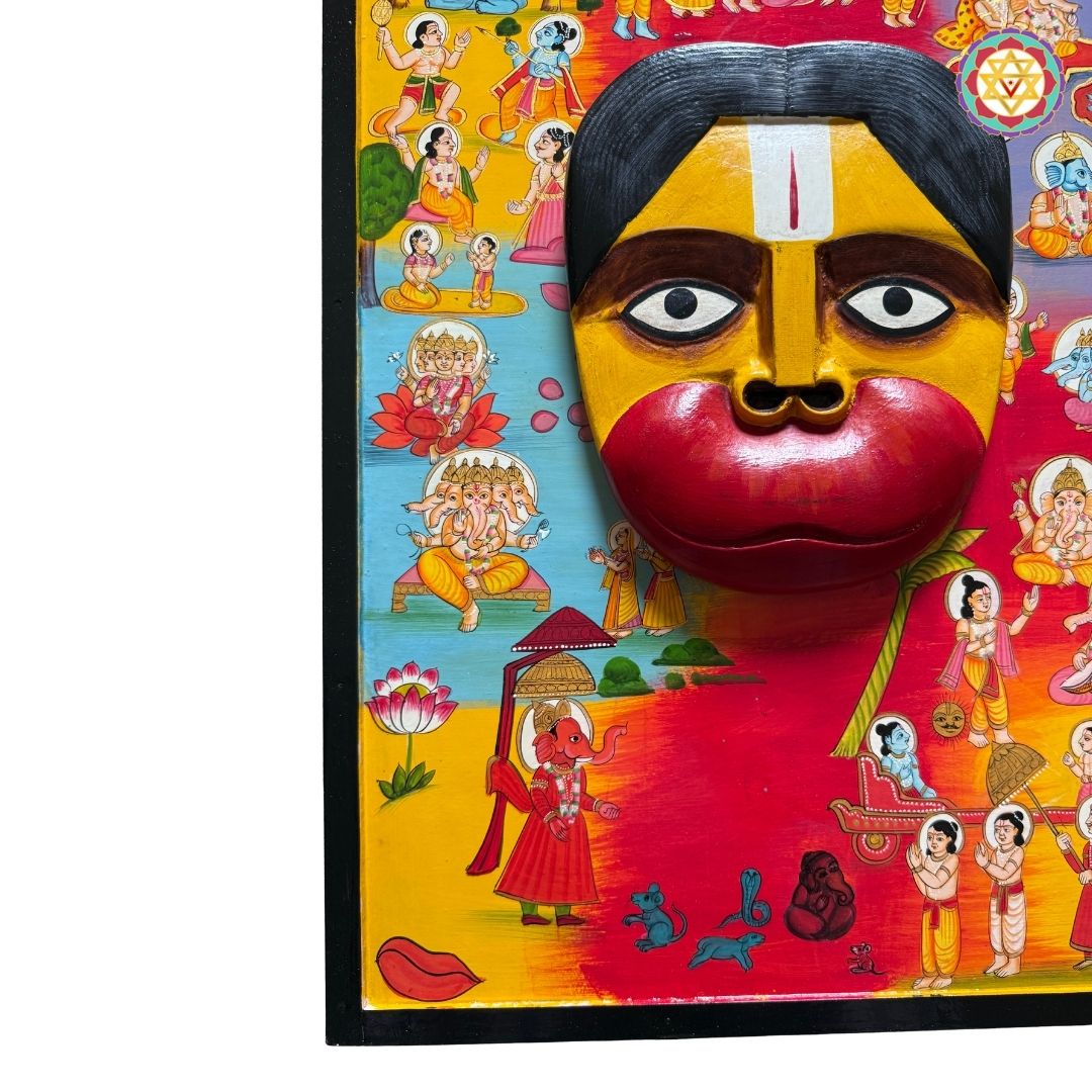 Close view of Hanumanji carved frame with expressive features