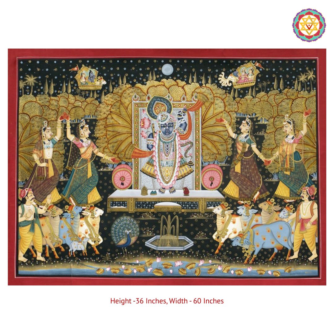 handpainted spectacular shrinathji darshan pichwai full composition showcasing a grand darshan scene with multiple figures and architecture