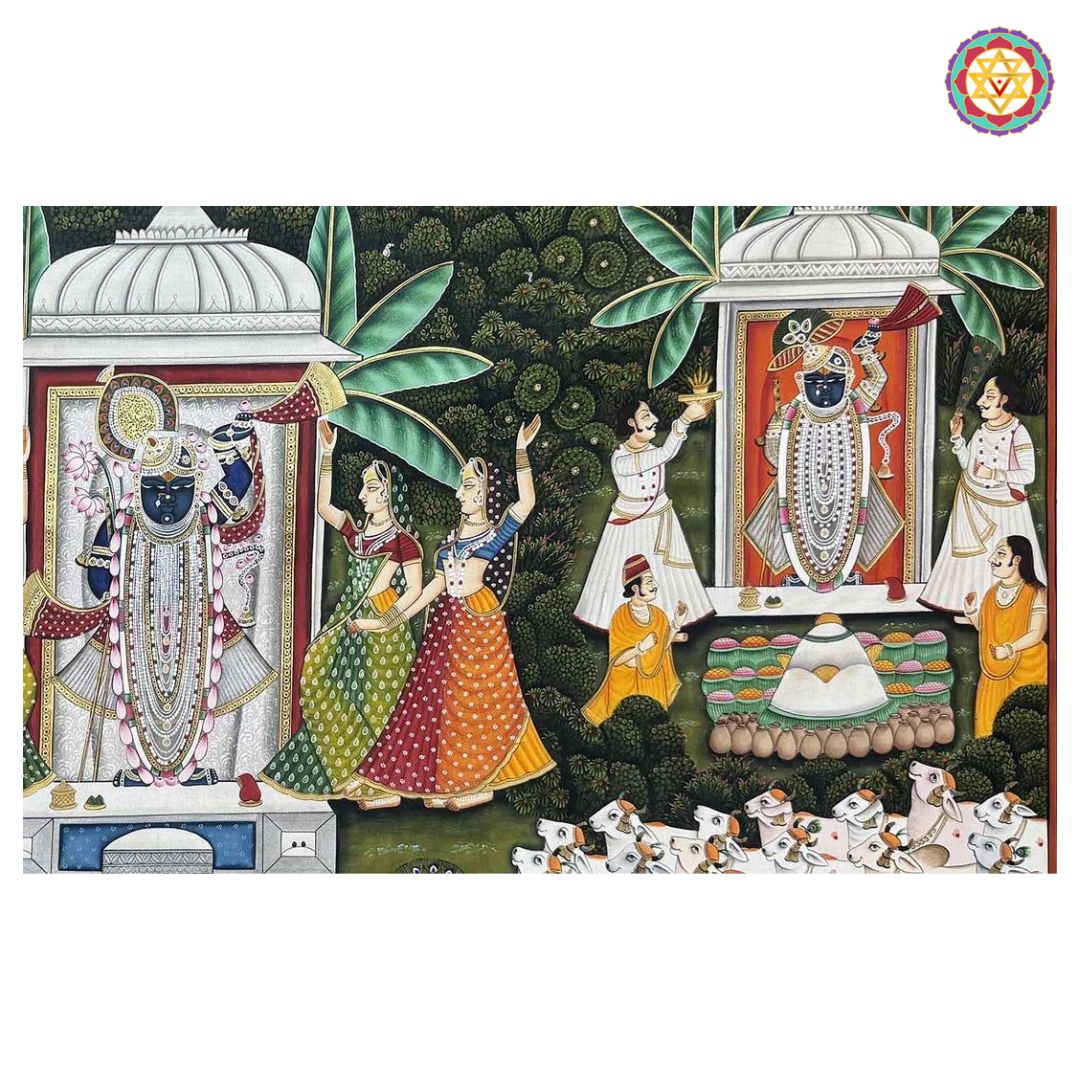 Hand-Painted Pichwai – Teen Darshan (Traditional Pichwai)