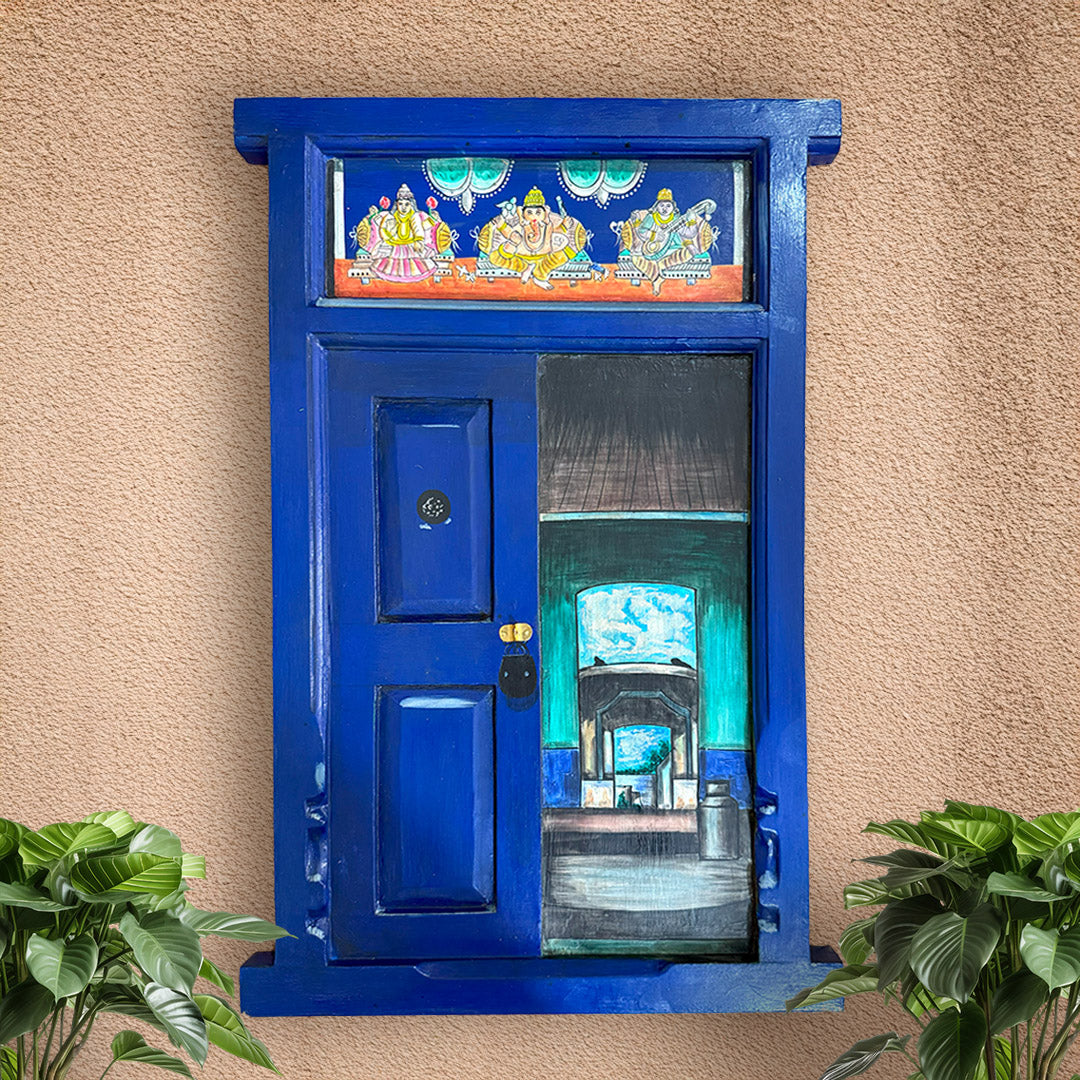 Vintage hand-painted wooden window with decorative lock front view
