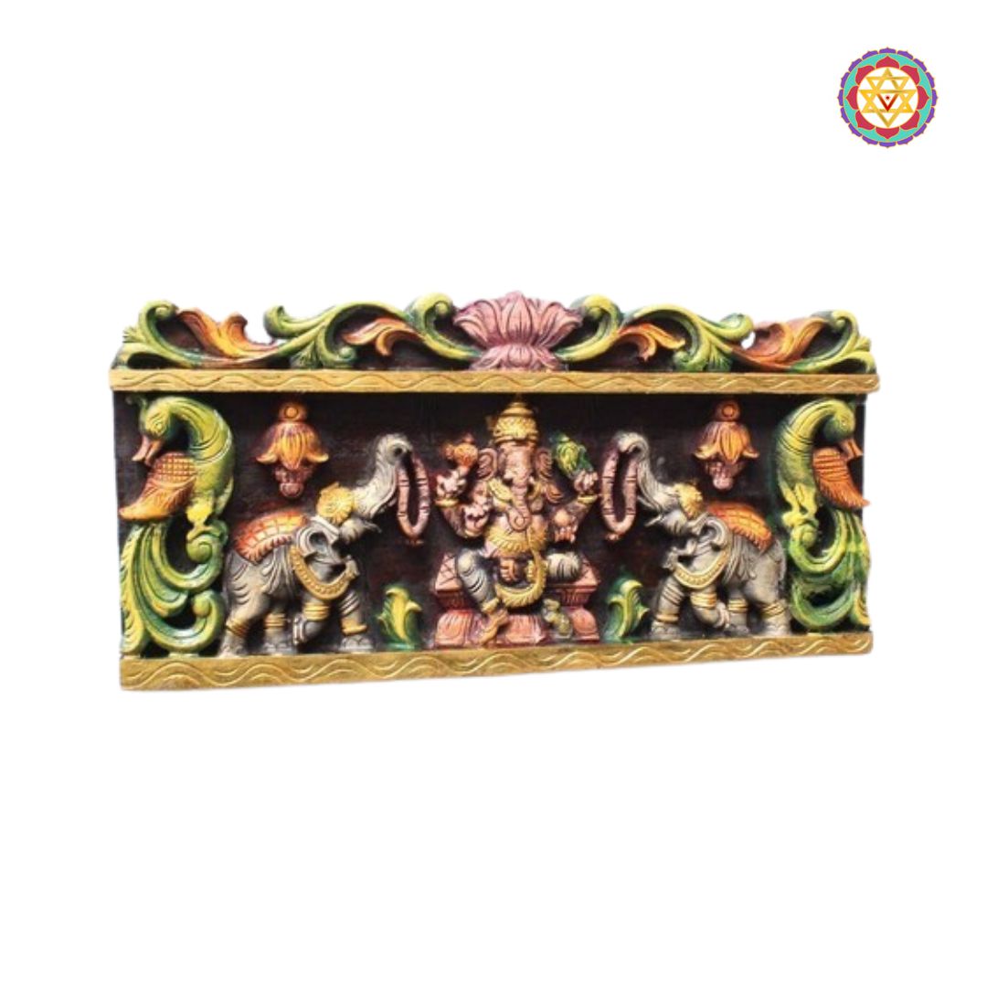 handcarved gajaganesh panel angled view showcasing traditional motifs