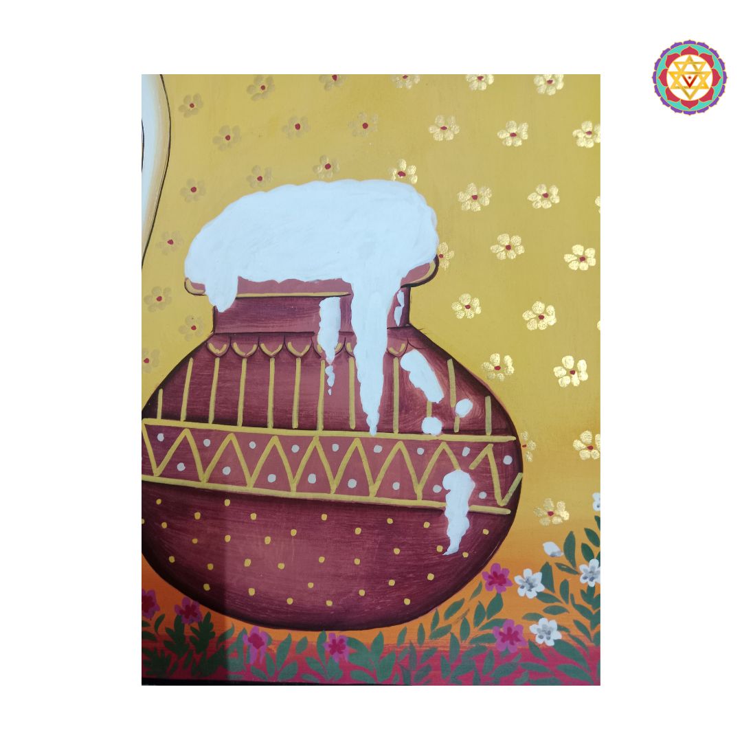 vibrant detailing of kamdhenu and cows in pichwai art