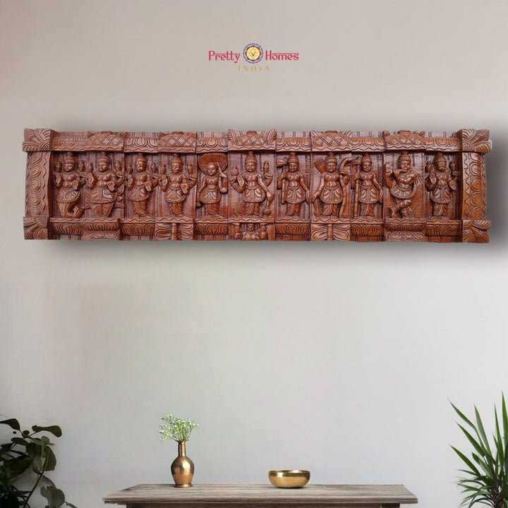 48 inch Dasavatara wood carved panel depicting ten avatars of Lord Vishnu