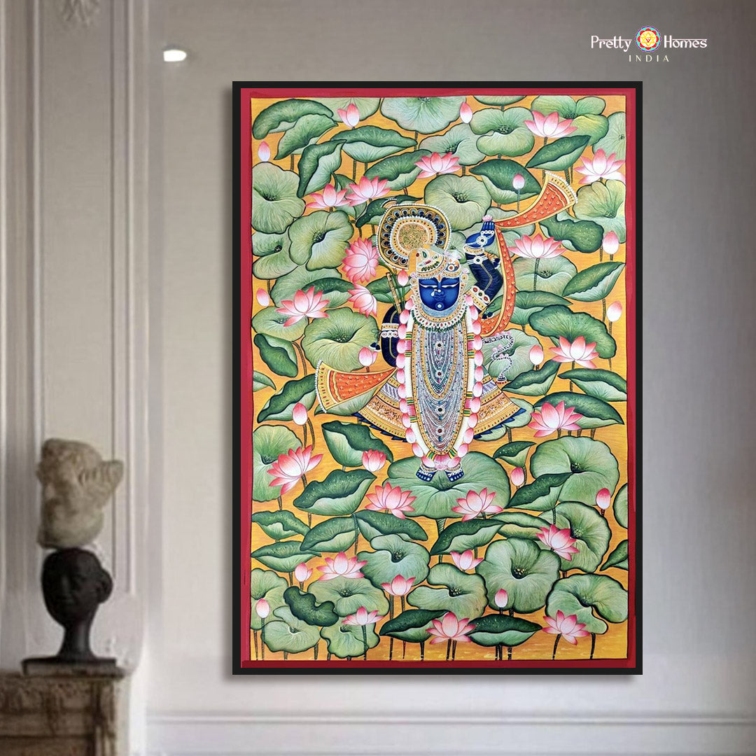 Shrinathji pichwai painting with lotus pond and floral details