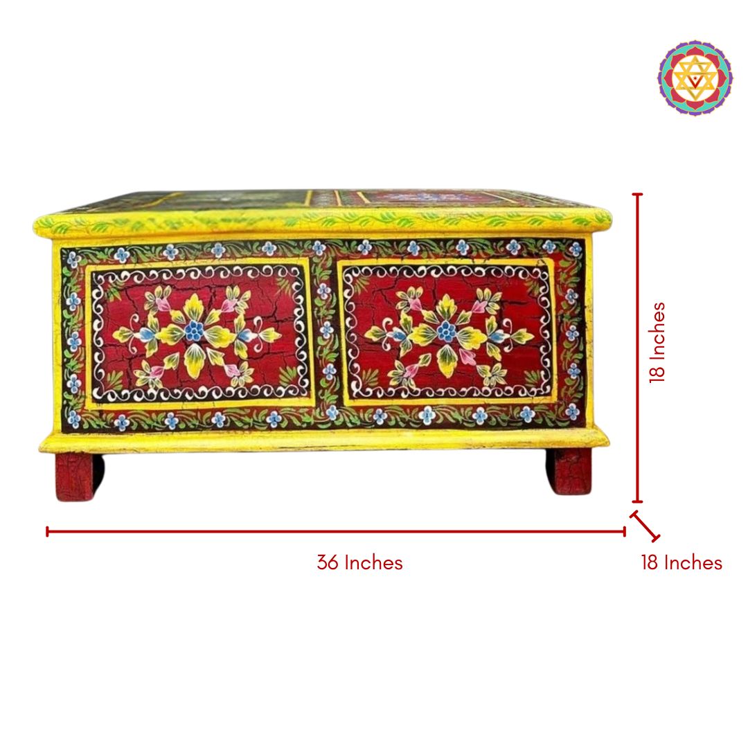 painted wooden trunk with multicolour floral motifs