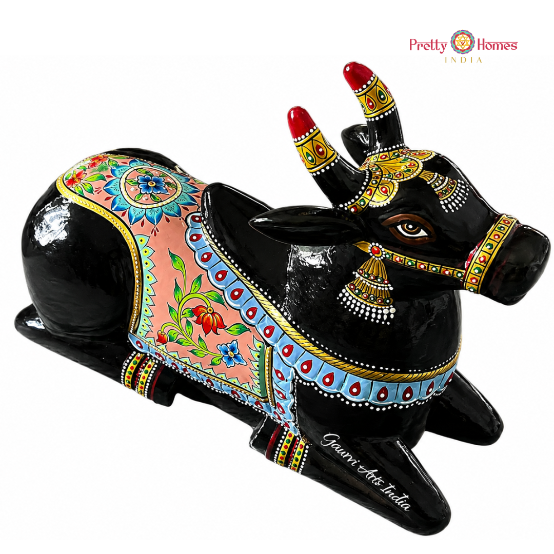 Handpainted Wooden Black Nandi with Floral Motifs