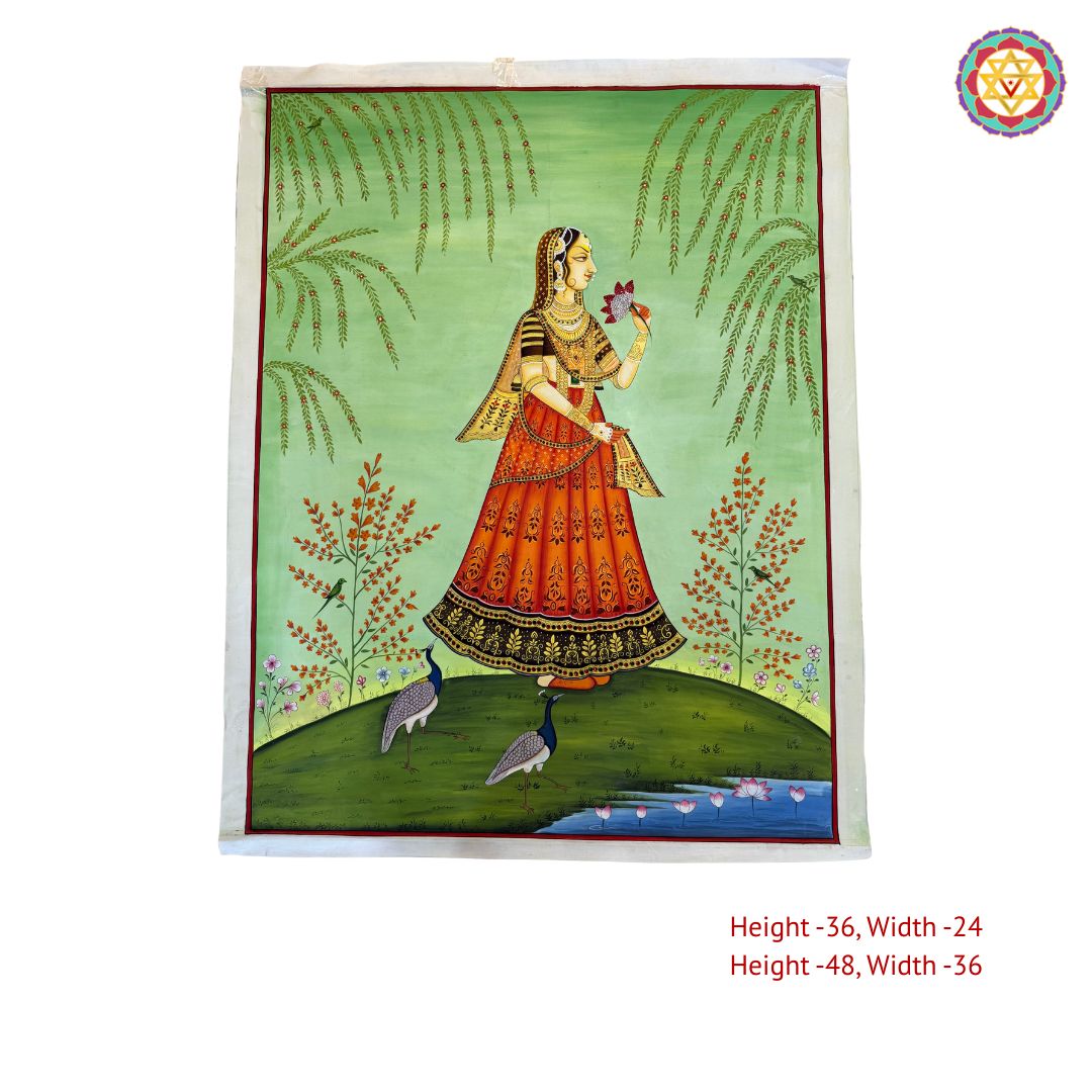 Royal Princess with Lotus – Rajasthani Miniature hand Painting