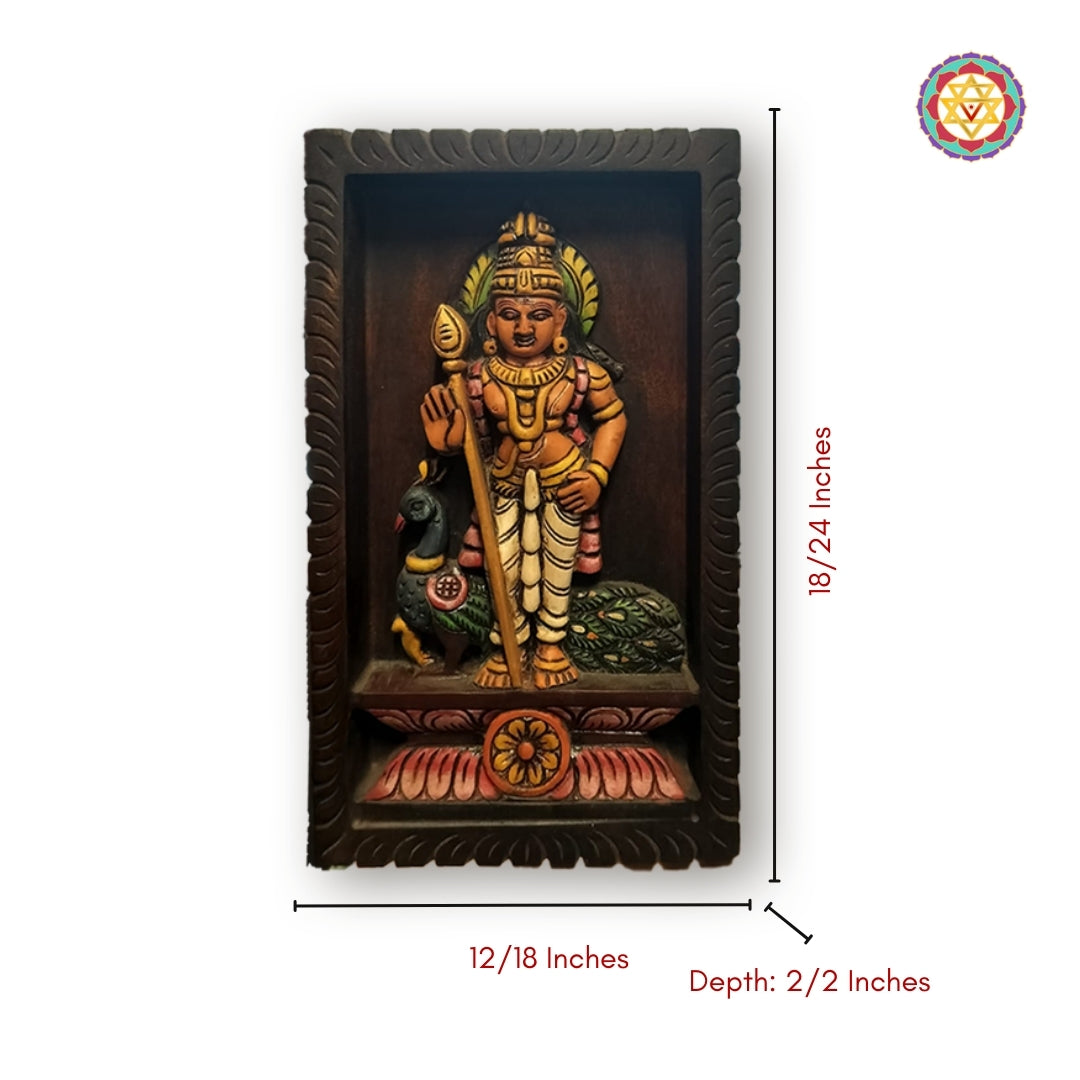 Lord Murugan with peacock and vel on mahogany frame