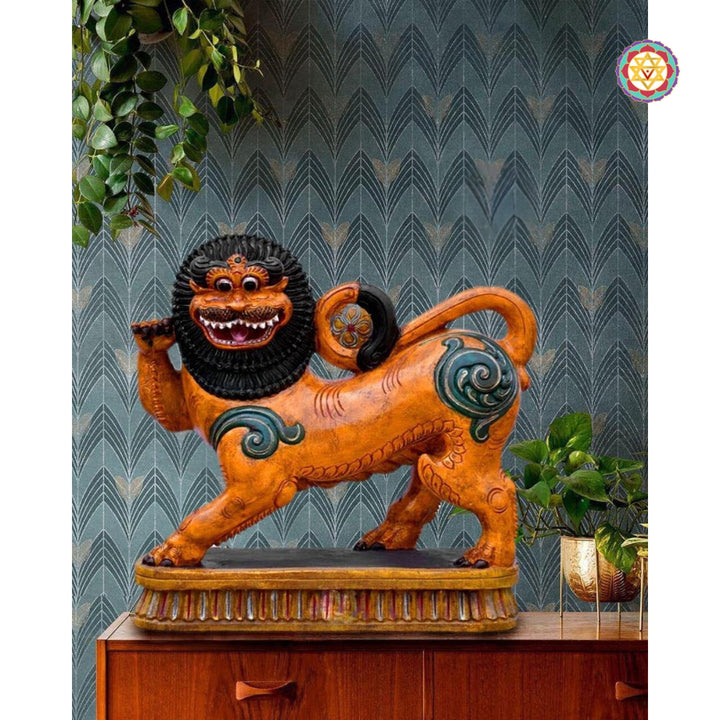 Handcarved lion Yali wooden statue inspired by temple architecture