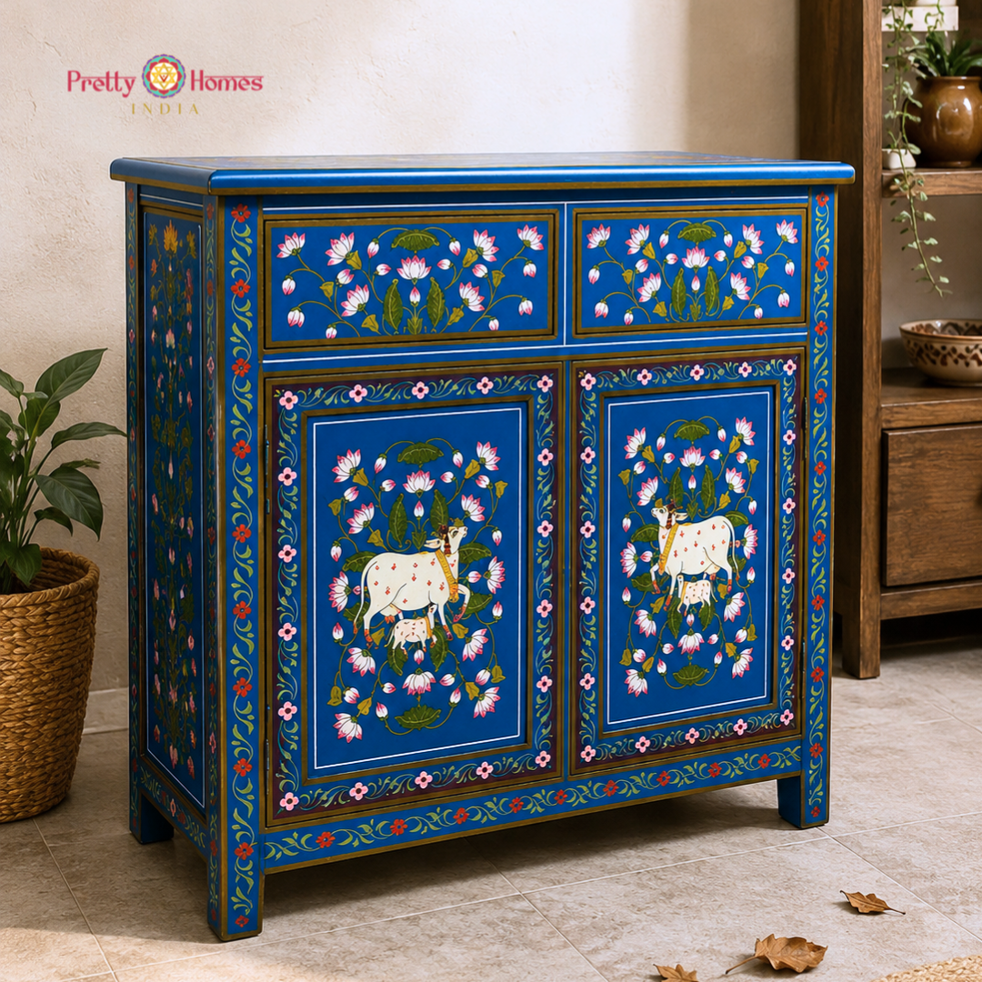 Hand-Painted Pichwai Style Storage Cabinet / Side Table