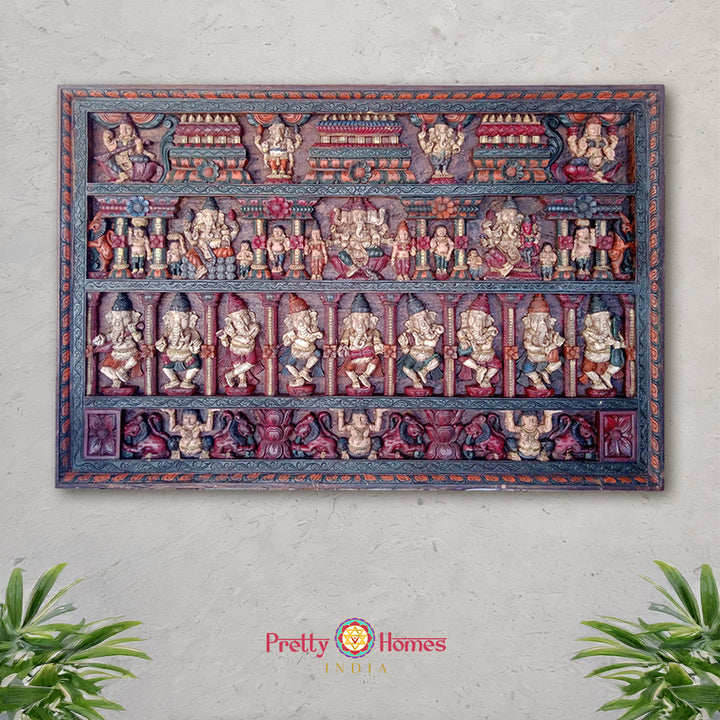 Hand-carved wooden panel featuring depictions of musical Ganesha, Lakshmi, and Saraswati with other celestial figures, in a vintage multicolour finish. - Wooden carved panel with Musical Ganesha, Lakshmi, and Saraswati in rows

