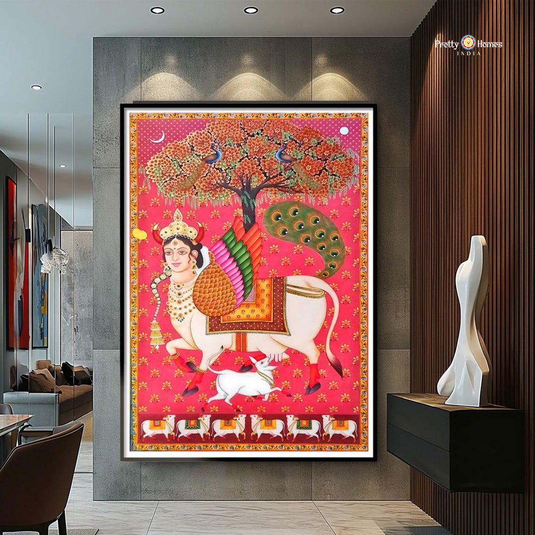Kamdhenu with Calf — Handpainted Pichwai under Tree of Life for Heritage Interiors