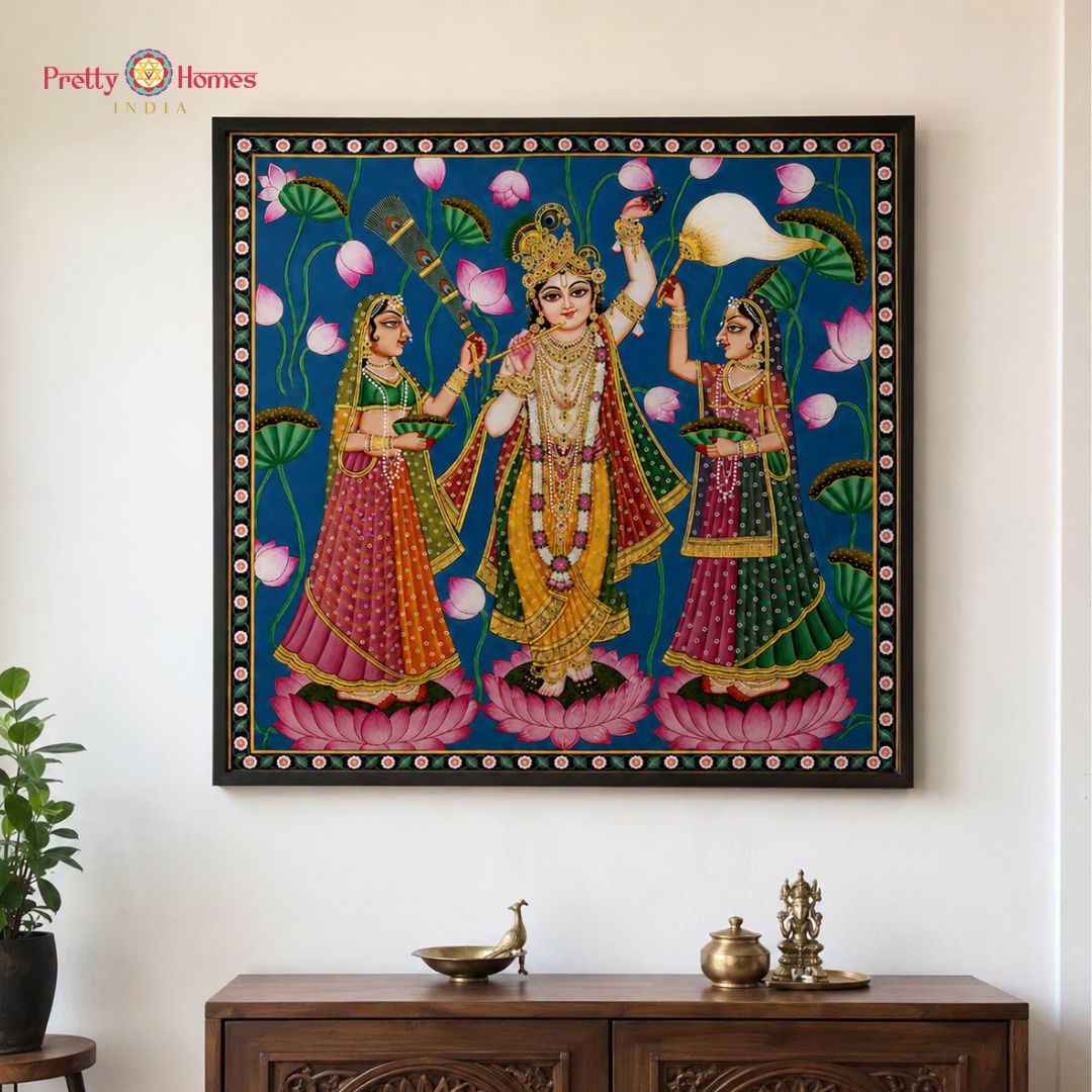 Handpainted Pichwai – Flute Krishna with Gopikas
