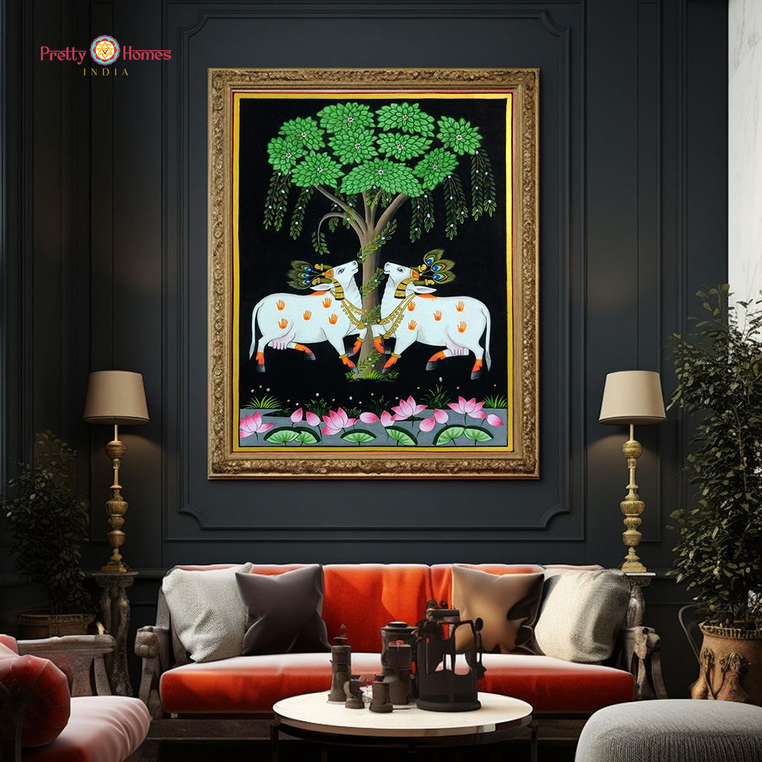 vintage-style pichwai painting of shrinathji and cows in temple setting