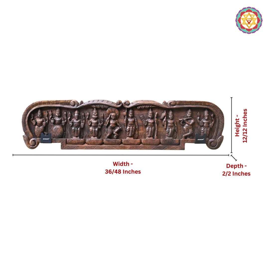 horizontal handcarved dasavtar panel lifestyle display showing carved panel mounted on interior wall