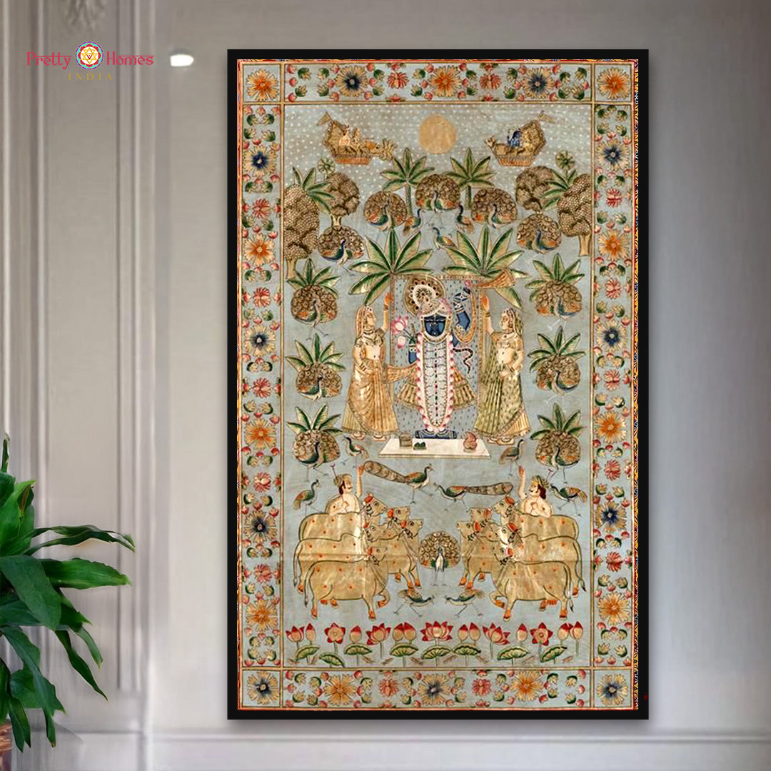 vintage shrinathji pichwai with gopikas and cowherds full artwork