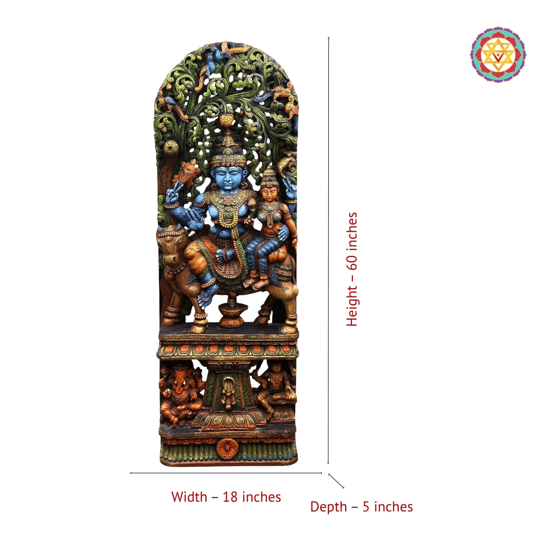 60” Wood-Carved Canopy Panel – Shiva Parvati Seated on Nandi