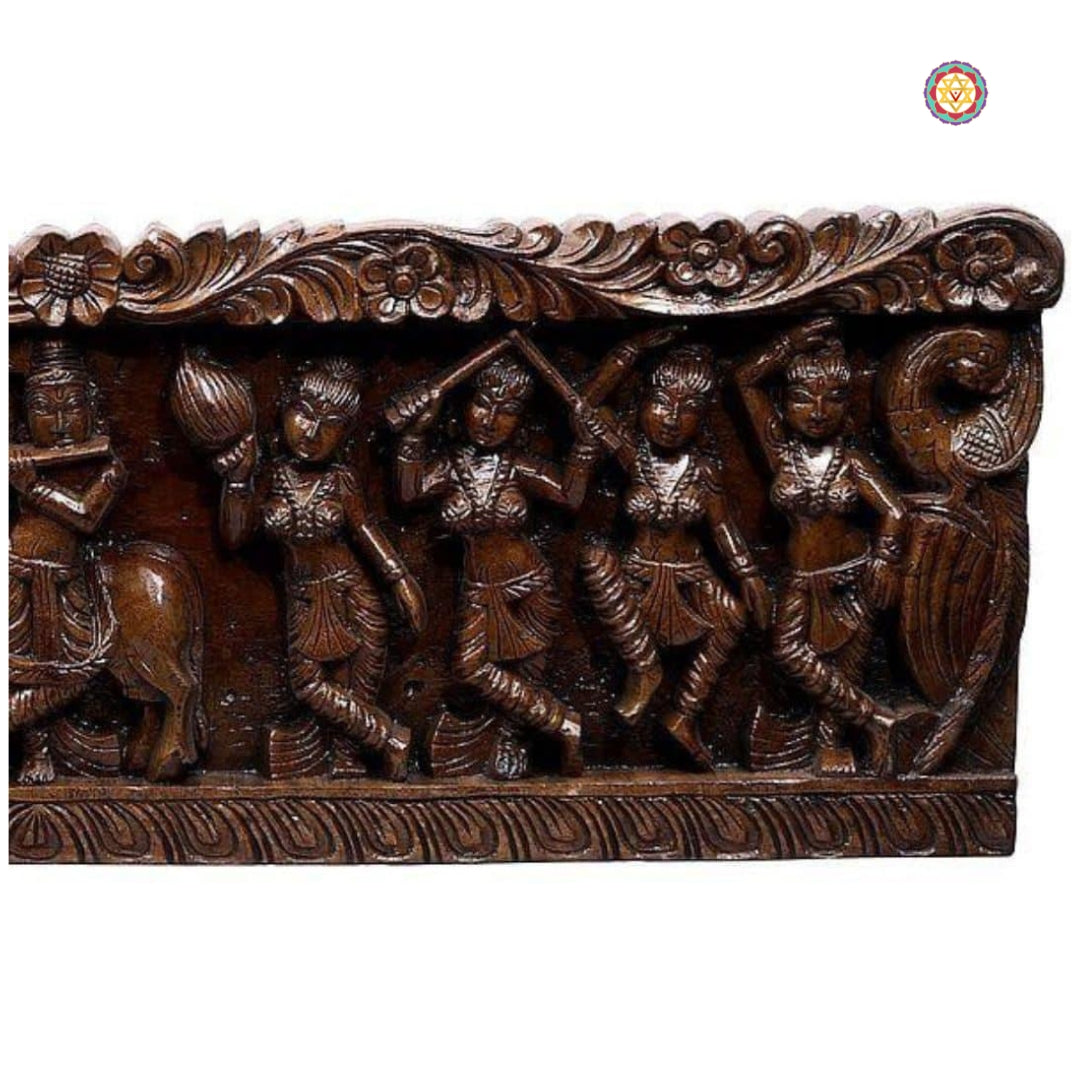 Krishna with gopikas panel — handcrafted wooden wall art decor.