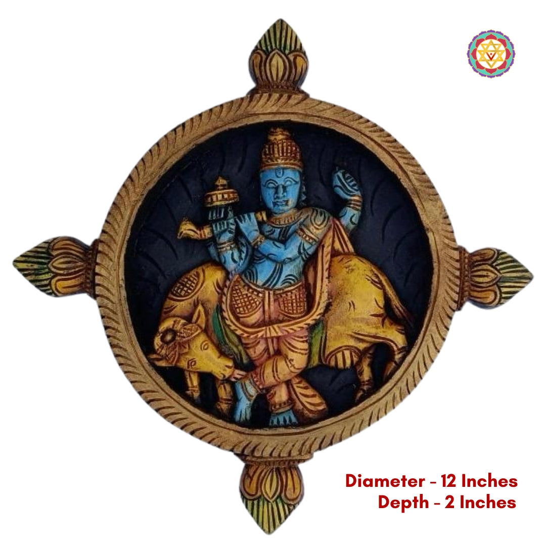 Traditional Krishna wooden wall hanging with intricate detailing and polish
