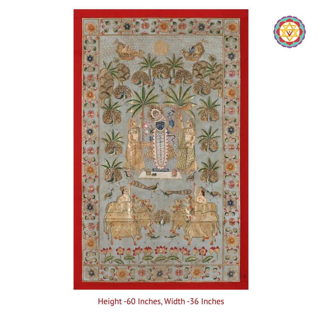 close-up showing vintage colour palette and shrinathji detailing