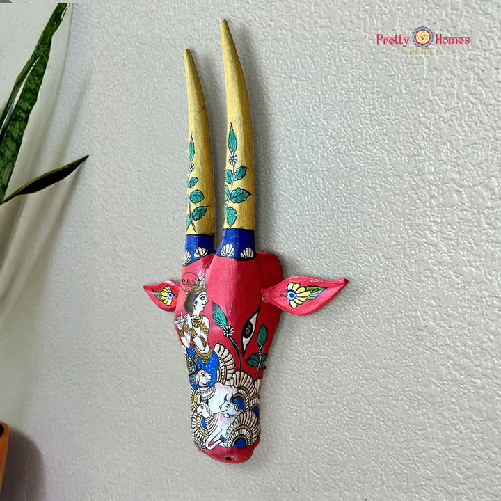 wood carved ,hand painted decorative wall mountable cow heads /nandi head and Red Krishna handpainted