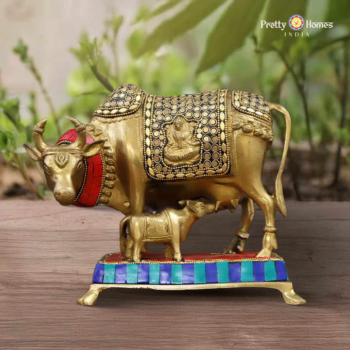Brass Kamdhenu Cow and Calf Idol – 7 Inch | Handcrafted with Golden Finish & Stone Detailing | Divine Vastu Decor