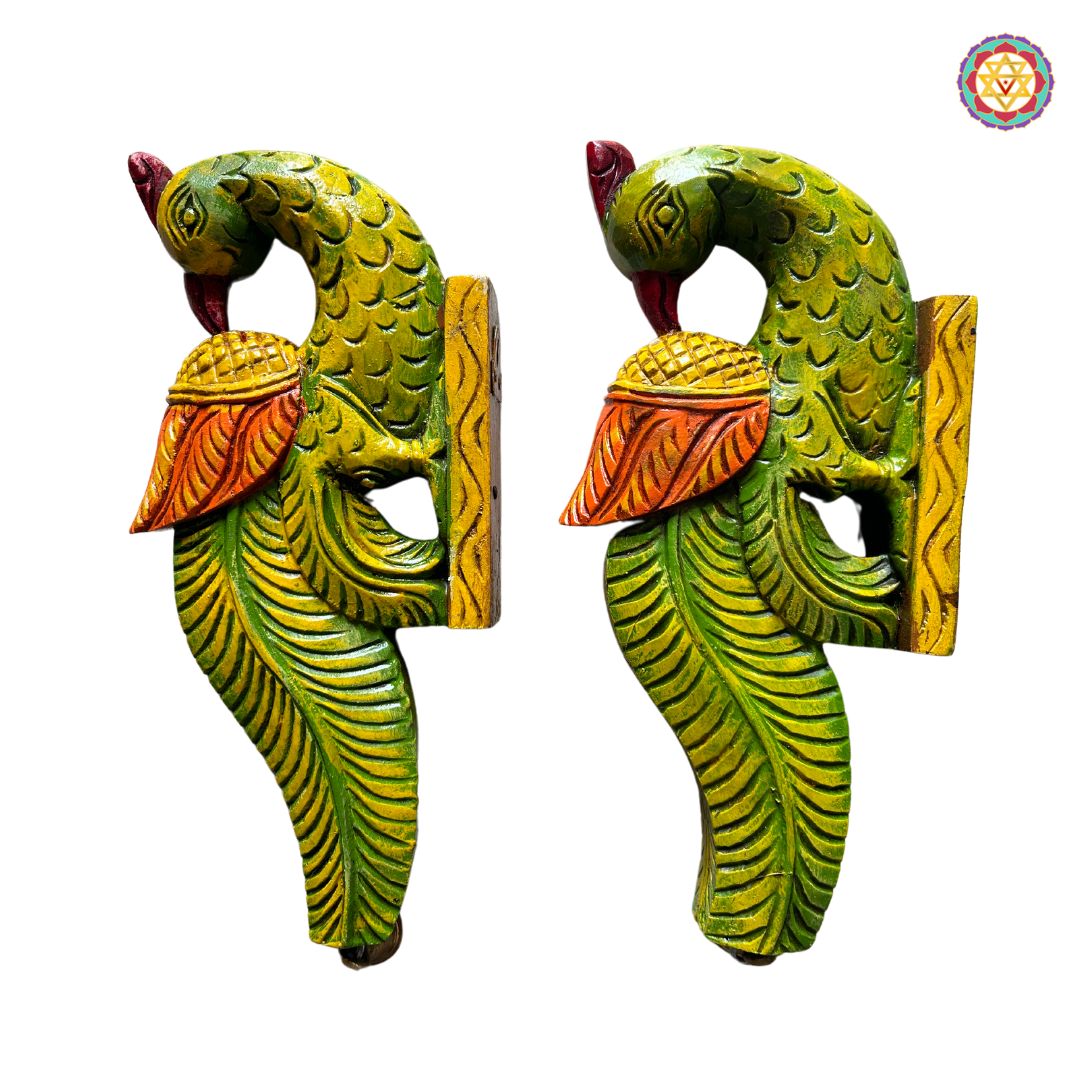 Close-up of carved parrot figurine — intricate feather and beak detailing, polished teak wood craftsmanship