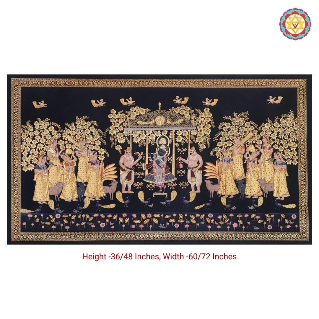 Horizontal Handpainted Pichwai – Musical Gopikas with Worshippers