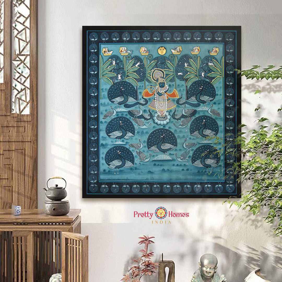 handpainted blue pichwai shrinathji darshan with peacocks full artwork view