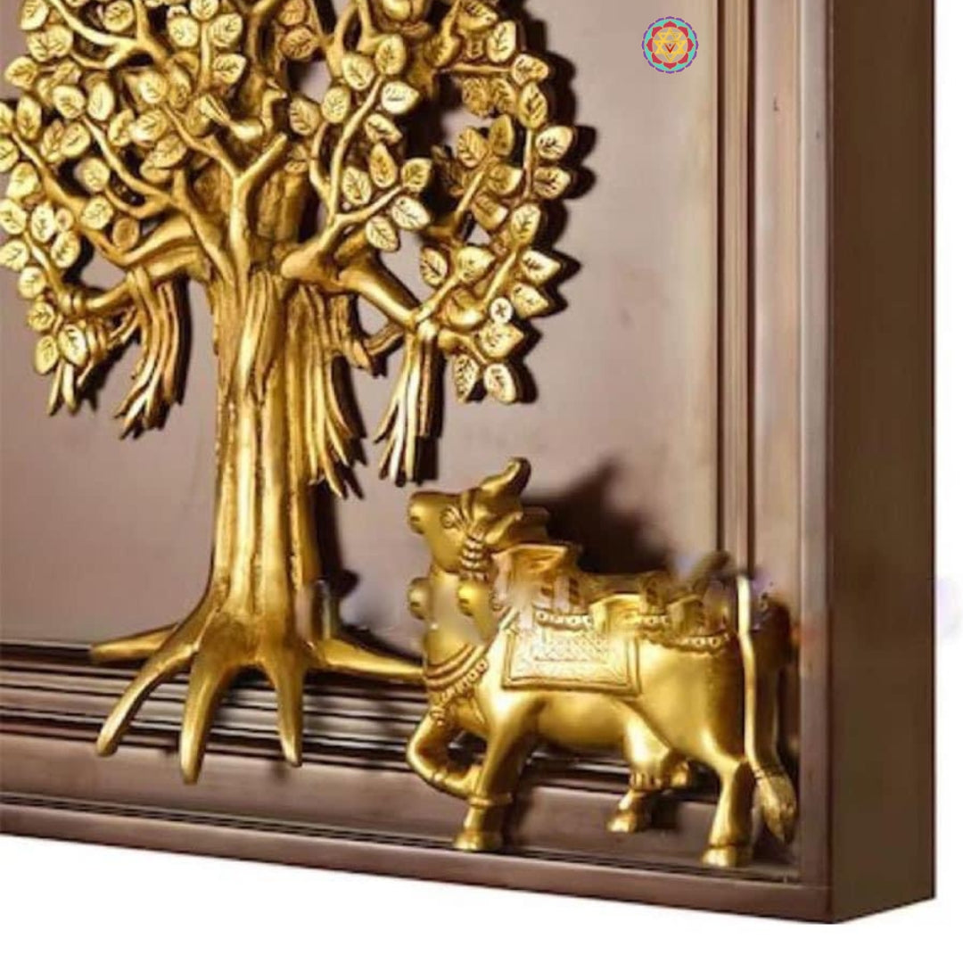 Brass Tree of Life with Cow Wall Hanging, Framed on wood.