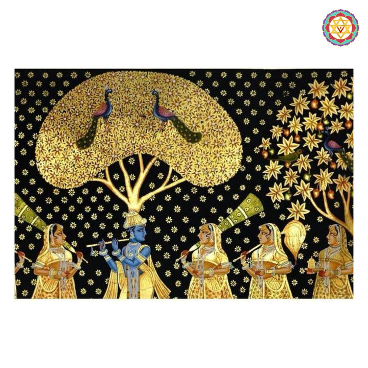 Hand-Painted Pichwai – Flute Krishna with Gopikas and Cows