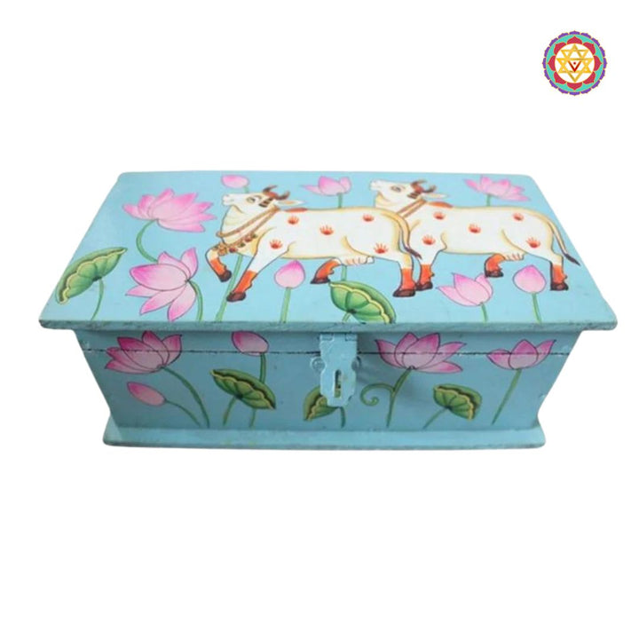 Medium Mulpurpose Pichwai Painted Storage Boxes. Sky blue