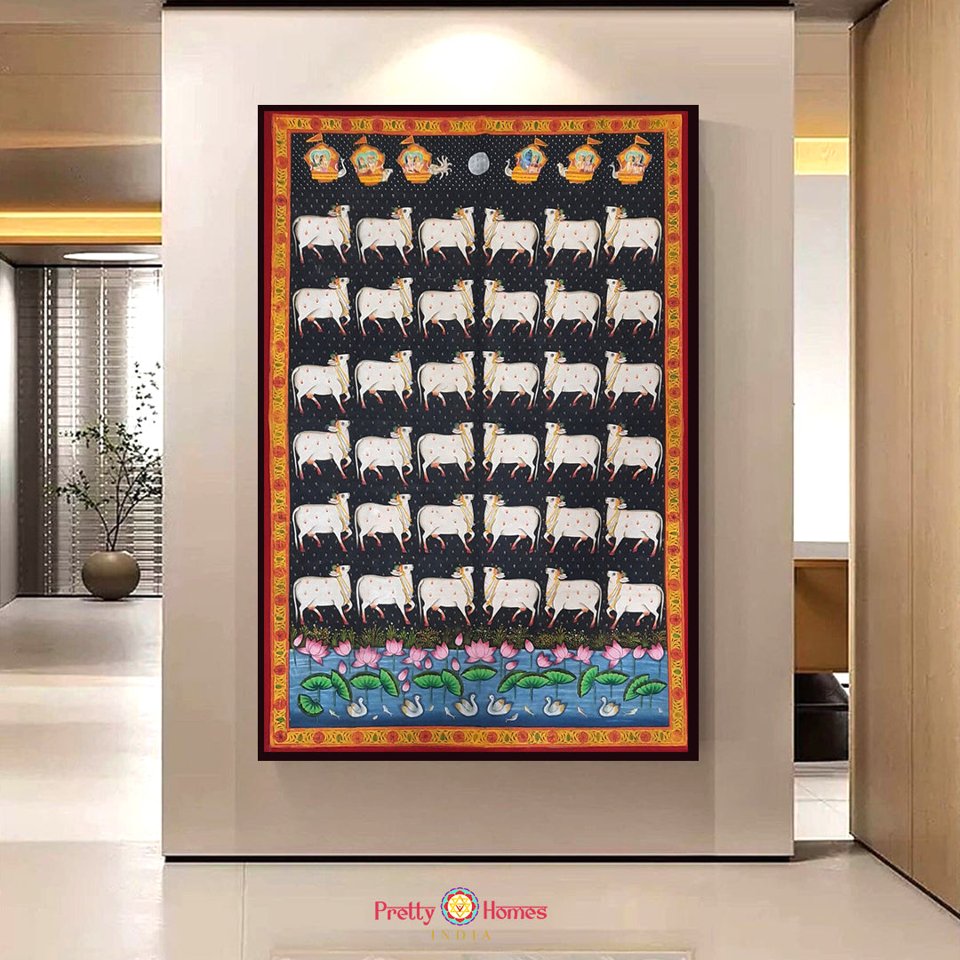 Pichwai painting of Krishna with cows and lotus background framed for wall décor