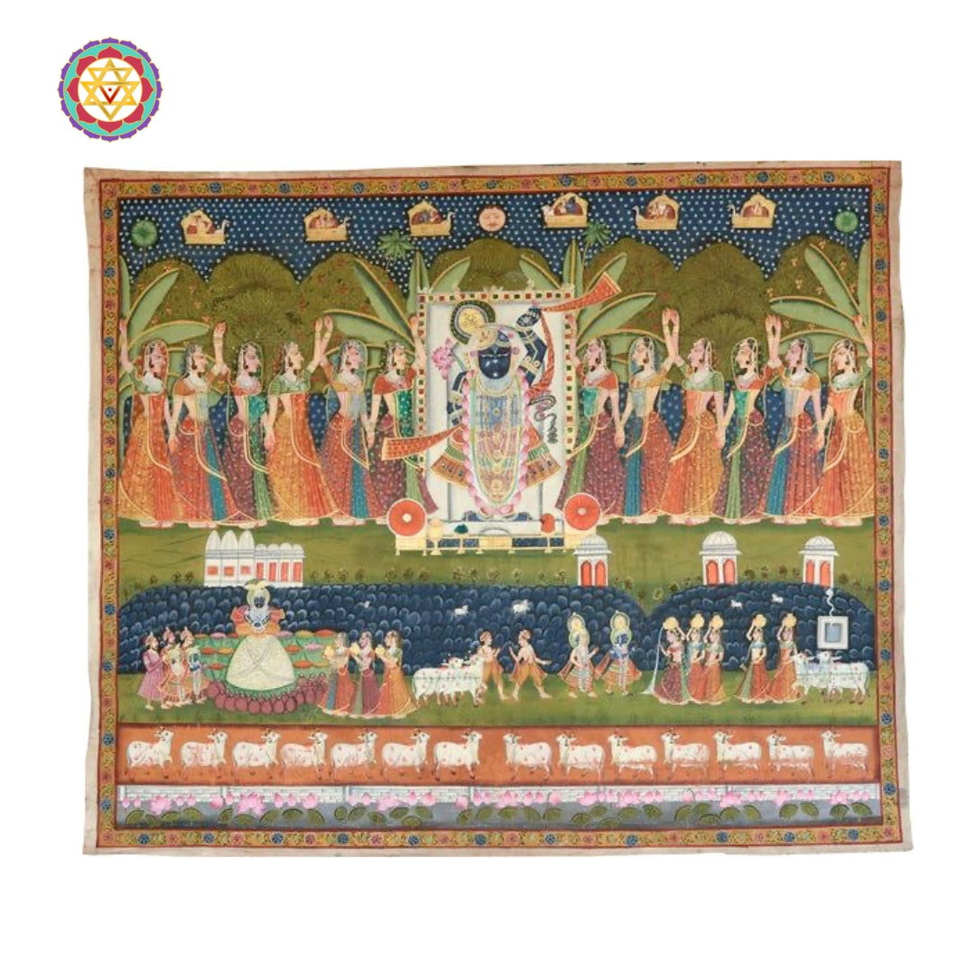 Pichwai painting with festival-themed imagery of cows and devotees in devotional celebration