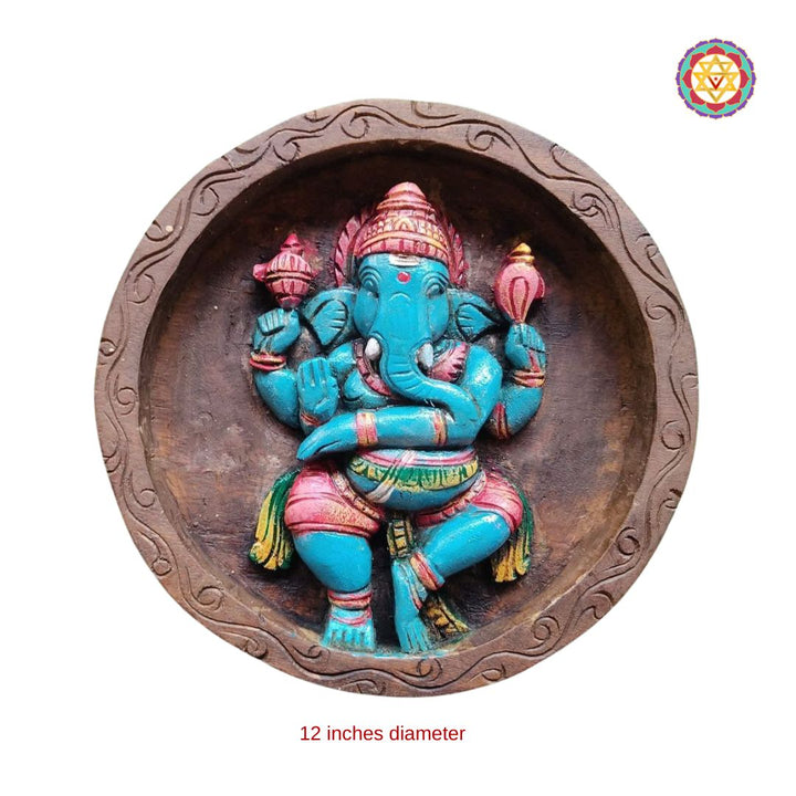 wood carved round Dancing Ganesha