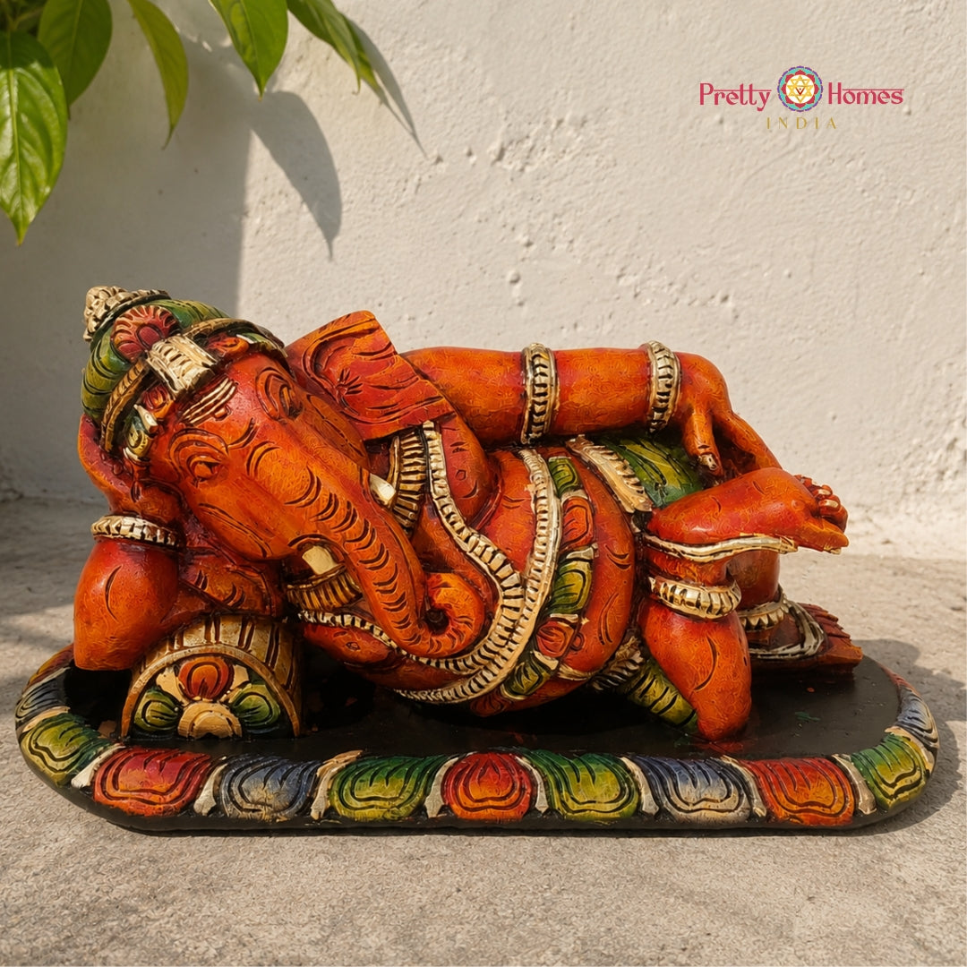 Handcarved Resting Ganesha — Neem Wood, Multicolour Finish
