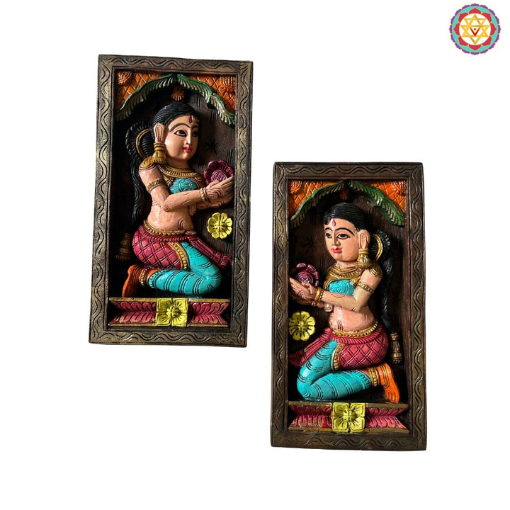 colourful vertical woodcarved Deepalaxmi /deeplaxmi wall frames-set of 2