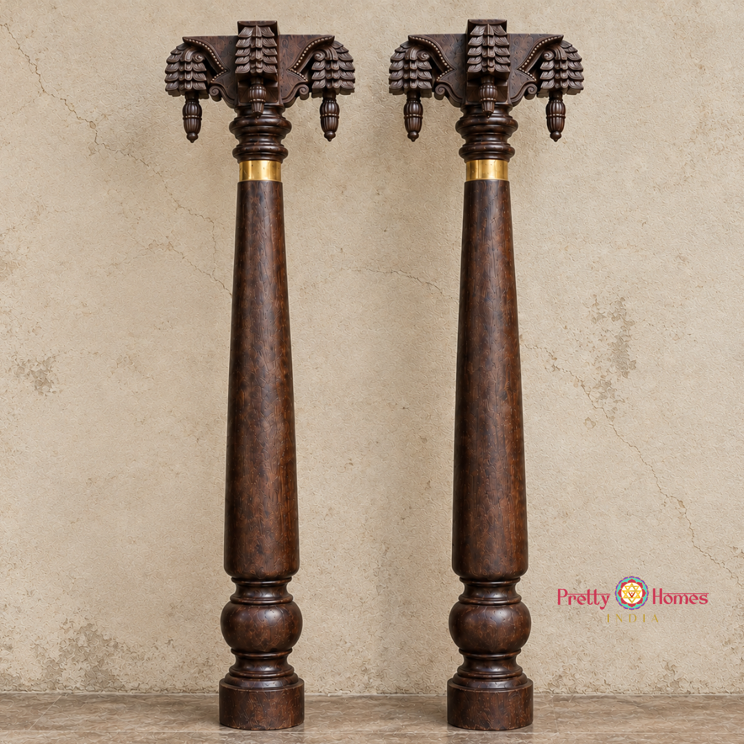 Traditional Chettinad-Style Woodcarved Pillars with Bodhils  Designs (Pair)